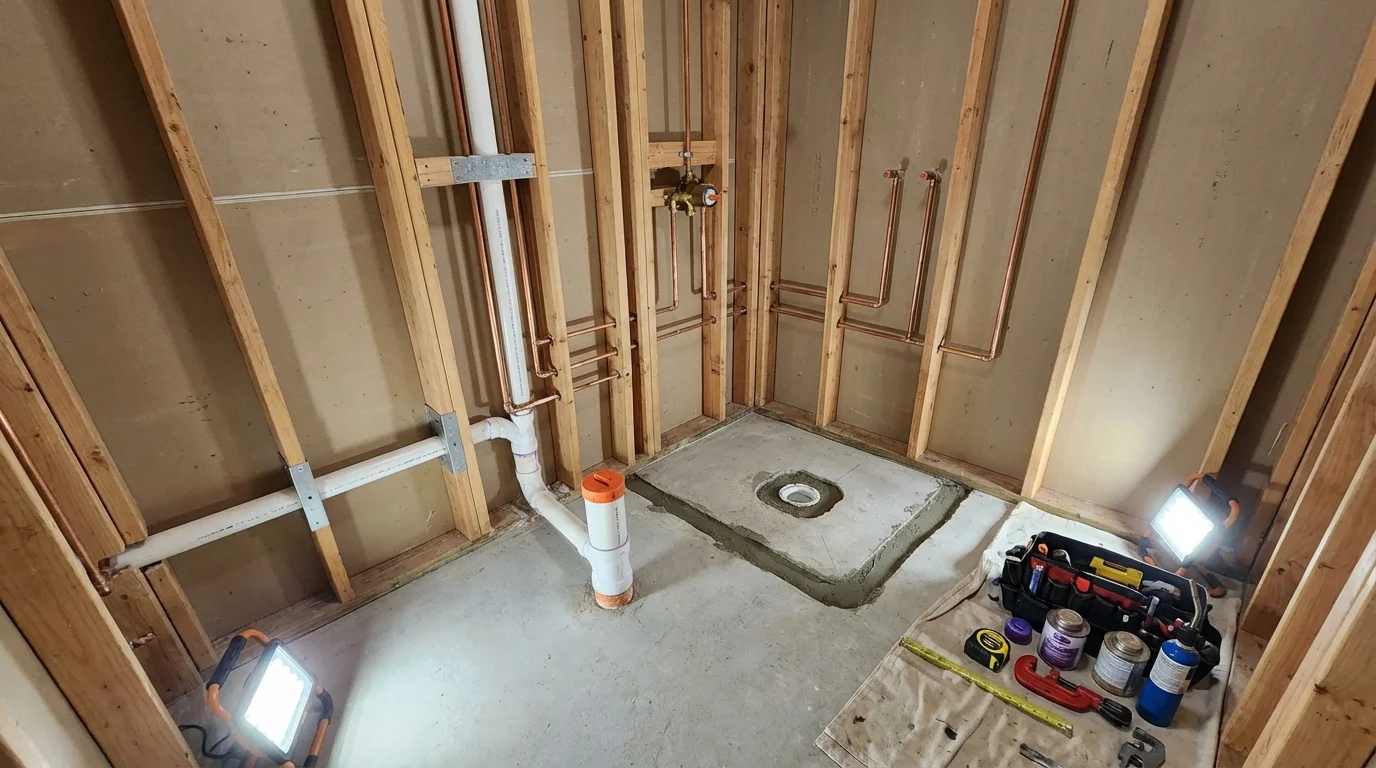 Bathroom rough-in plumbing during remodel by Johns Plumbing LLC in Hialeah