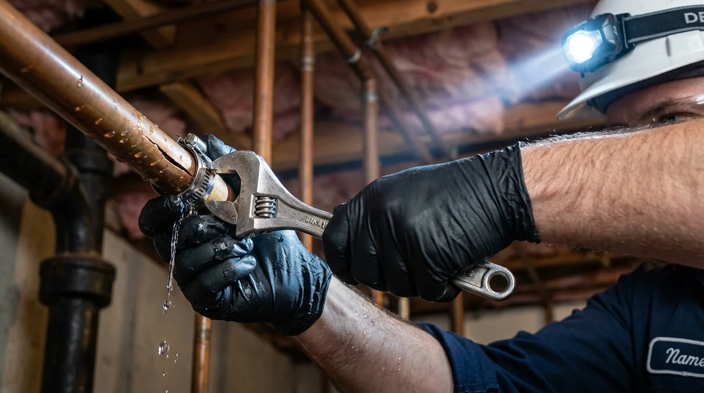 Emergency pipe clamp repair being performed by a Johns Plumbing LLC plumber in Hialeah