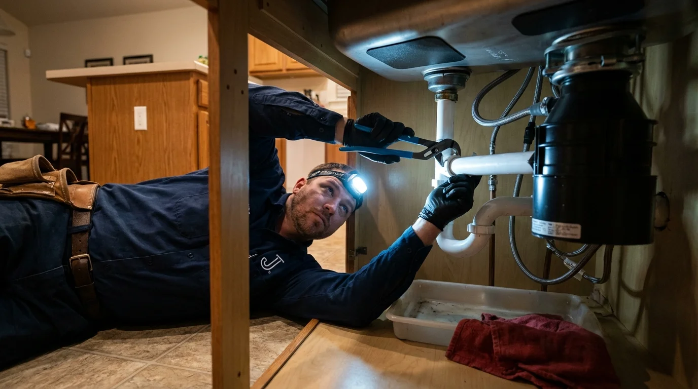 P-trap and supply line connections under a kitchen sink showing a common leak point in Hialeah, FL